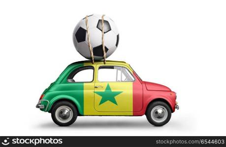 Senegal football car. Senegal flag on car delivering soccer or football ball isolated on white background