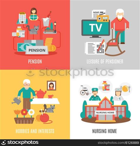 Senior 2x2 Images Set. Pension hobbies and interests leisure of pensioner and nursing home 2x2 images set flat vector illustration