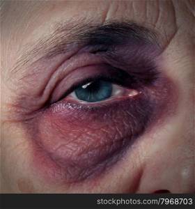 Senior abuse or elder mistreatment as an old person with a black eye bruised and injured from domestic violence on older aging adults fromn a retirement home or caretaker who has broken the trust as a legal health care concept.