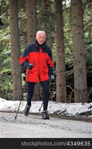 senior at the snow in winter nordic walking
