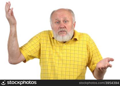 senior bald man in yellow shirt shows disturbance
