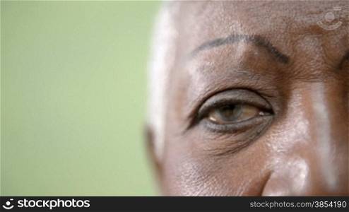Senior black woman portrait, closeup of eye, mouth and face of happy lady smiling. Sequence