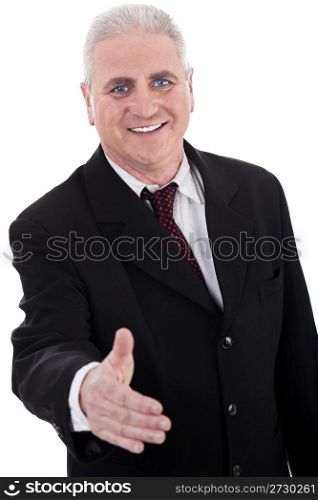 Senior business man making deal with you over white background