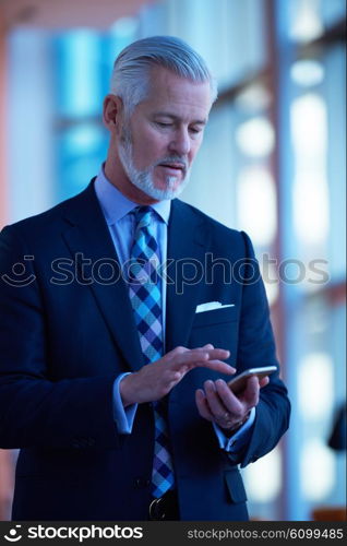 senior business man talk on mobile phone at modern bright office interior