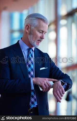 senior business man talk on mobile phone at modern bright office interior