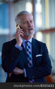 senior business man talk on mobile phone at modern bright office interior