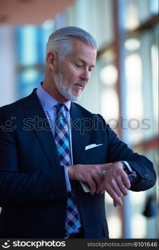 senior business man talk on mobile phone at modern bright office interior