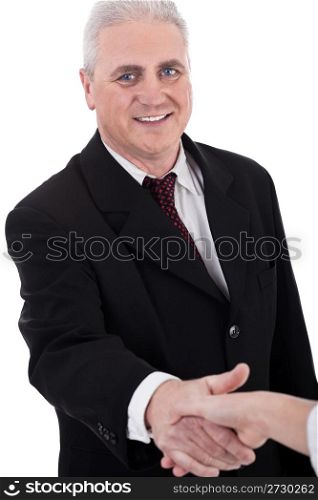 Senior business man welcomes his client on white background
