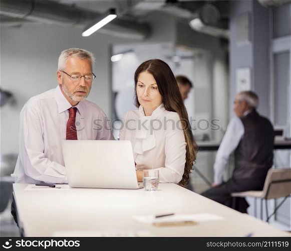 senior businessman businesswoman looking laptop office