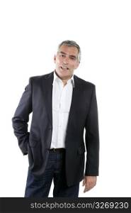 senior businessman portrait black suit gray hair over white background