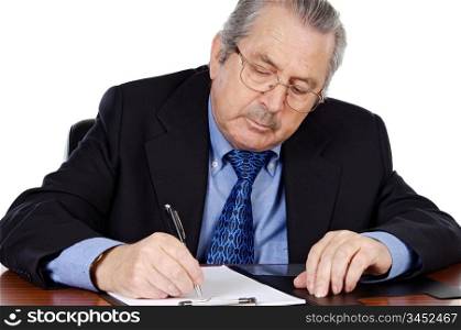 Senior businessman taking notes a over white background