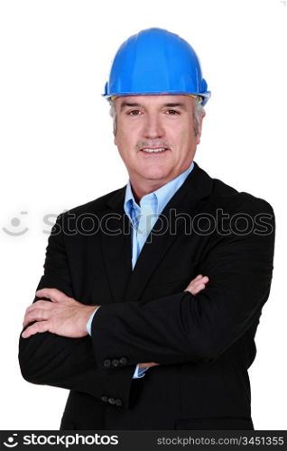 senior businessman wearing a helmet