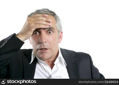 senior businessman worried expression hand in head gray hair