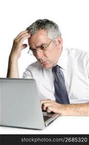senior businessmen focused on laptop work computer white background