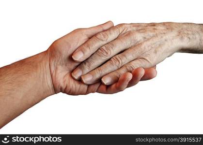Senior Care with the hand of a young person holding and helping an old and elderly retired patient needing in home medical help due to aging and memory loss on a white background