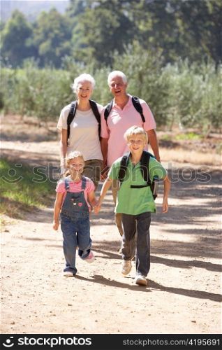 Senior couple and grandchildren on country walk