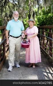 Senior couple carrying a picnic basket through the park.