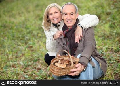 Senior couple collecting mushrooms in the forest