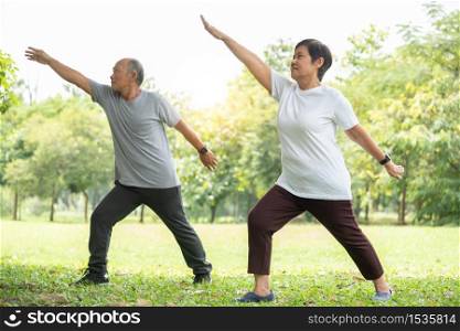 Senior couple doing stretching exercise at park. Old man and woman workout at nature outdoor. Fitness and Wellness, healthy lifestyle.