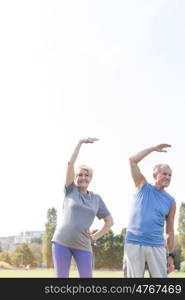 Senior couple doing stretching exercise in park against sky