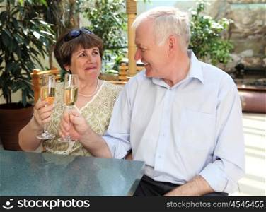 senior couple drinking champagne and celebrating together