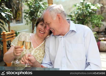 senior couple drinking champagne and celebrating together