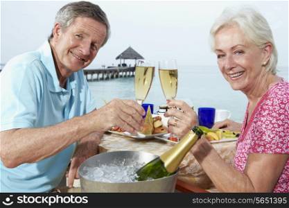 Senior Couple Enjoying Meal In Seafront Restaurant