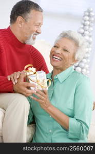 Senior Couple Exchanging A Christmas Gift