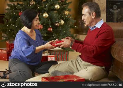 Senior Couple Exchanging Gifts In Front Of Christmas Tree