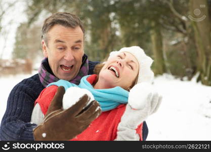 Senior Couple Having Snowball Fight In Snowy Woodland