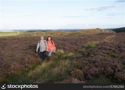 Senior Couple Hiking Across Moorland Covered With Heather
