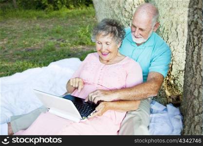 Senior couple on a 3G netbook computer in the park. Plenty of room for text.