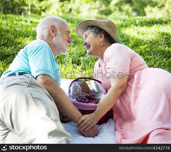 Senior couple on romantic picnic, flirting with each other.