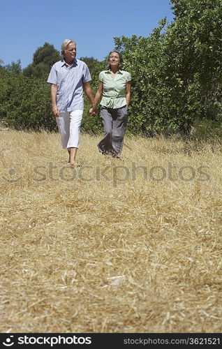Senior couple on walk, holding hands