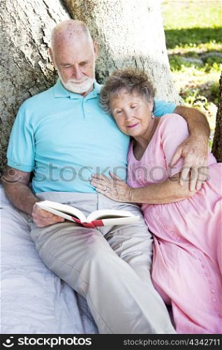 Senior couple outdoors, reading a book together.