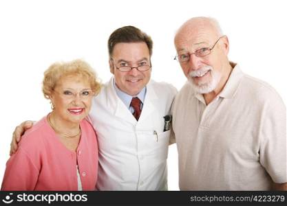 Senior couple posing in their new glasses with their optometrist. Isolated on white.