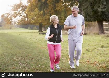 Senior Couple Power Walking In The Park