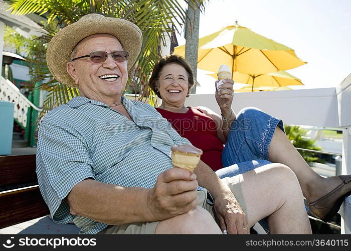 Senior couple sitting on bench and holding ice creams