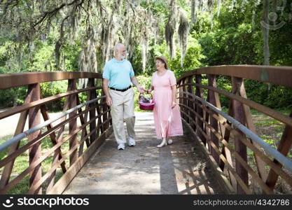 Senior couple strolling through the park on their way to a picnic.