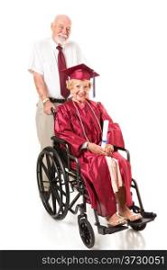 Senior couple. The husband is pushing his wife in a wheelchair. She just graduated college. Full body isolated on white.