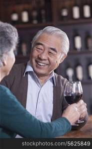 Senior Couple Toasting and Enjoying Themselves Drinking Wine, Focus on Male