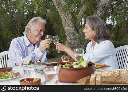Senior couple toasting at table in garden