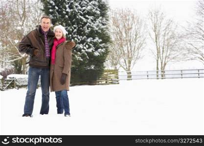 Senior Couple Walking In Snowy Landscape