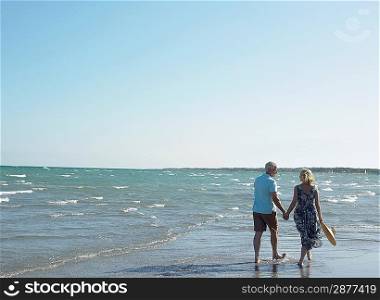 Senior couple walking on beach back view