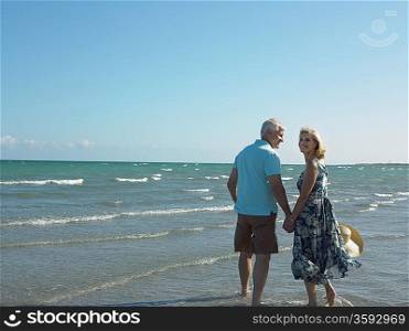 Senior couple walking on tropical beach back view