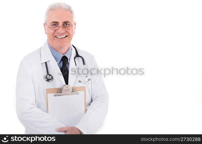 Senior doctor holding clipboard on isoalted white background