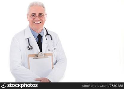 Senior doctor holding clipboard on isoalted white background