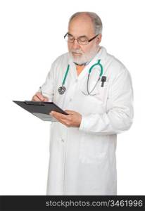 Senior doctor with clipboard isolated on white background