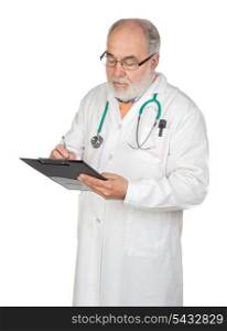 Senior doctor with clipboard isolated on white background