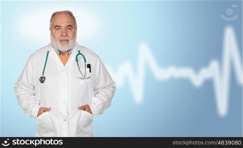 Senior doctor with hoary hair isolated on white background